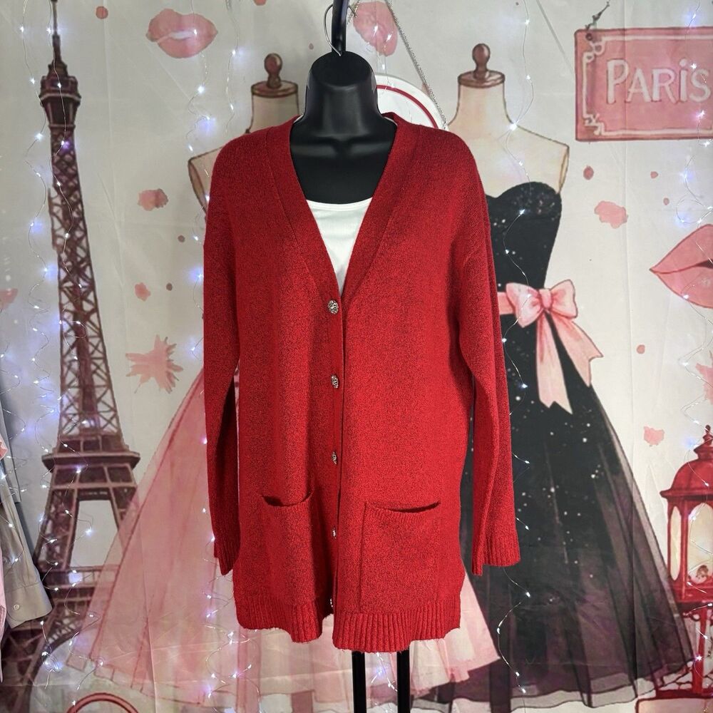 Talbots Sweater Women Medium Cardigan Button Up V Neck Red Rhinestone Buttons